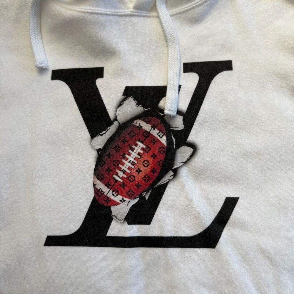 White Graphic Hoodie with Black Logo and Red Football Motif